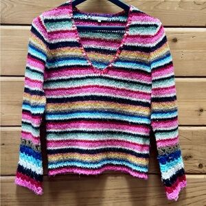 Vintage Multicolor Striped V-Neck Sweater with crocheted sleeves